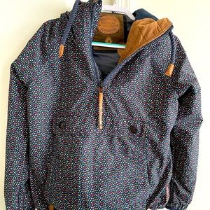 Naketano Navy Jacket with Multicolor Dot Print and Tan Hood Trim